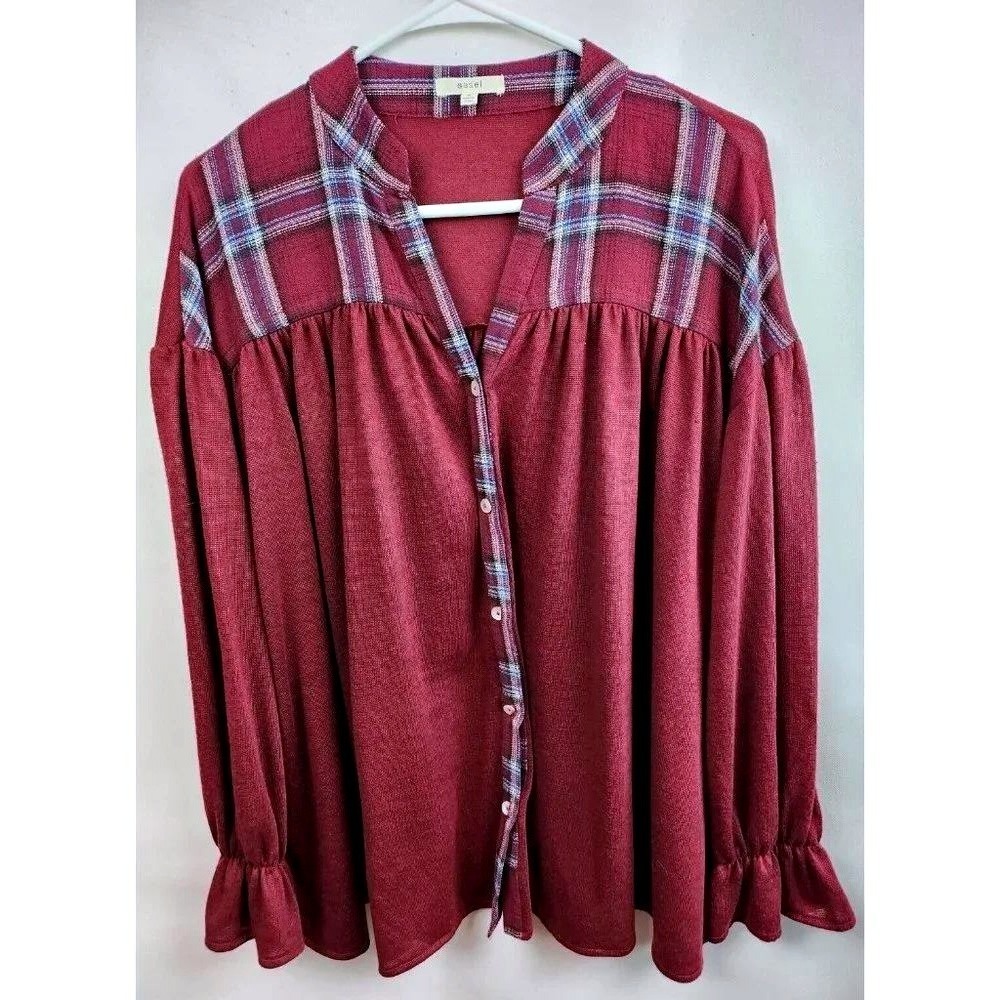 Easel Boho Peasant Top Womens Small Burgundy Plaid Yoke Ruffle Long Sleeve